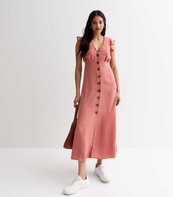 Pink Frill Sleeve Button Midi Dress