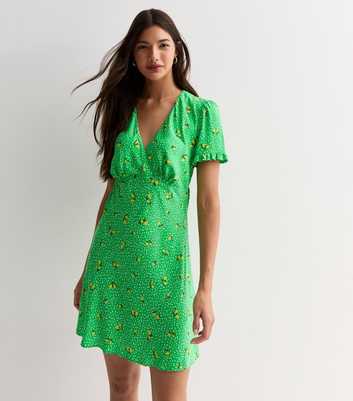 Green Lemon Print Frill Sleeve Mini Dress