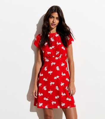 Red Puff Sleeve Ditsy Floral Print Mini Dress 