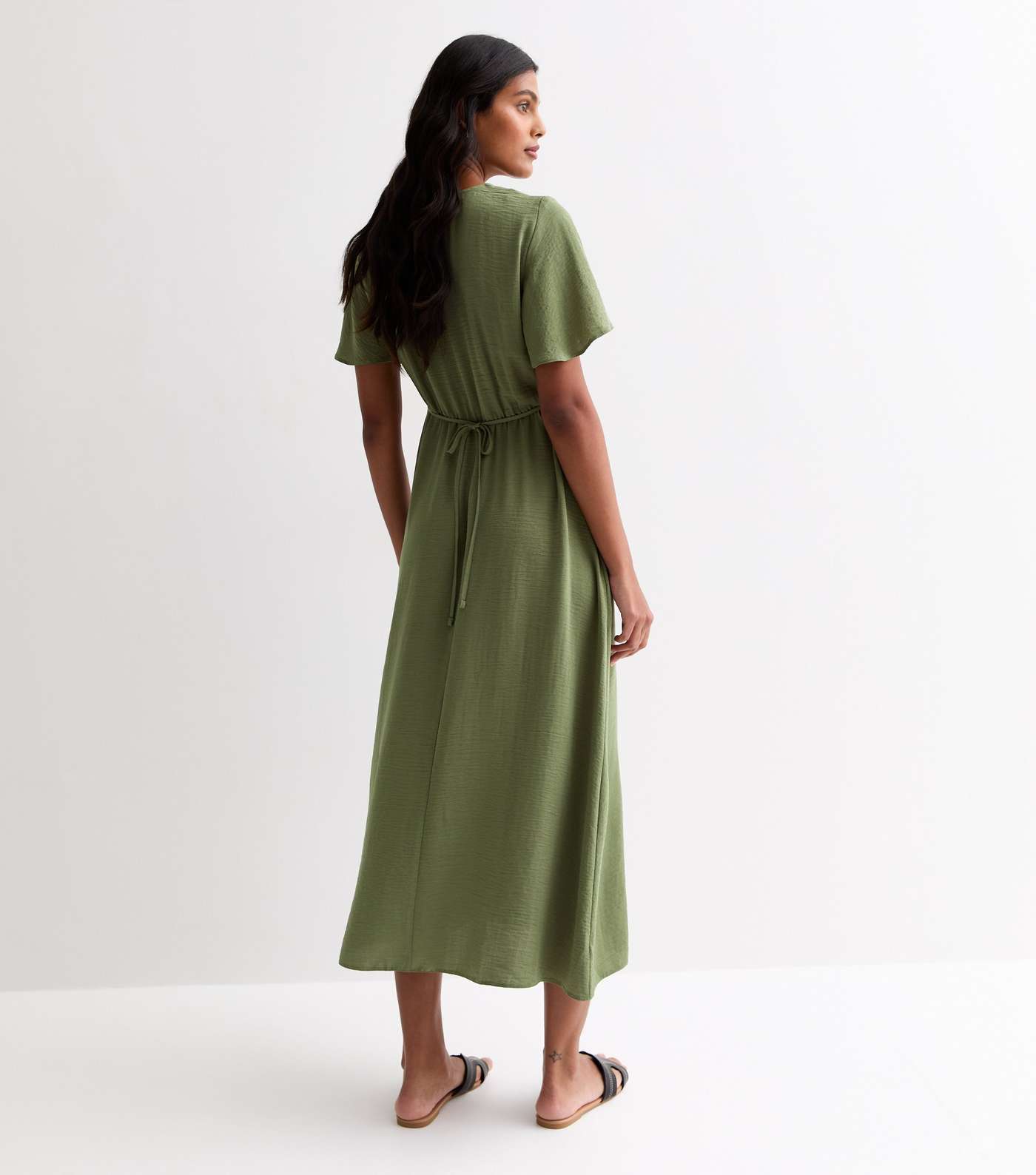 Khaki Lace Trim Button Front Midi Dress Image 4