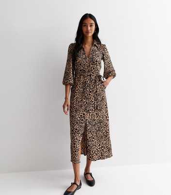 Brown Leopard Print Crinkle Midaxi Dress