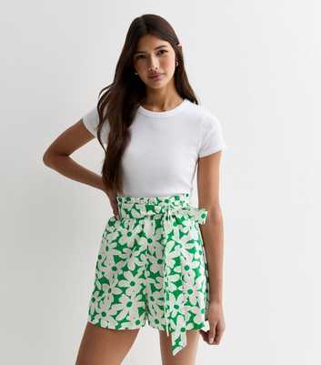 Green Retro Floral Print High Waist Paperbag Shorts