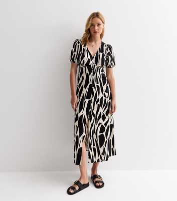 Black Buttoned Abstract Print Midi Dress