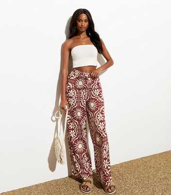 Brown Abstract-Print Wide Leg Trousers