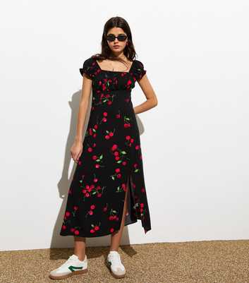 Black Cherry Print Ruched Midi Dress