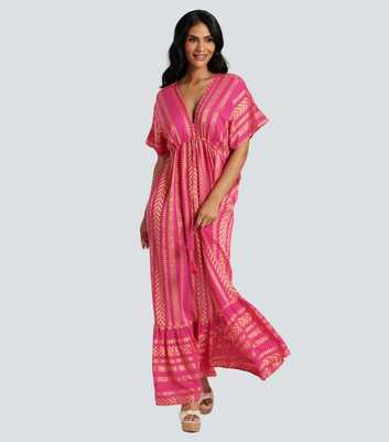 South Beach Pink Abstract Print Cotton V Neck Tiered Maxi Dress