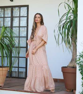 South Beach Pale Pink Jacquard Spot Tiered Maxi Dress