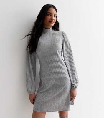 Grey Ribbed Jersey High Neck Mini Dress