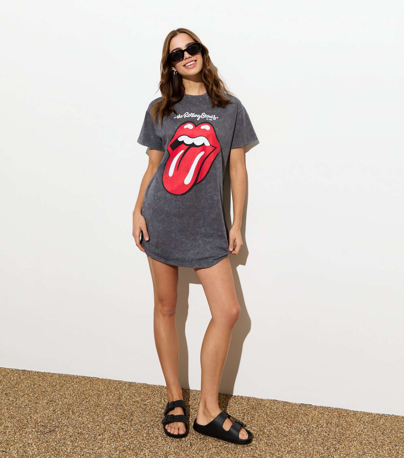 Grey Rolling Stones Acid Wash Mini T-Shirt Dress Image 2