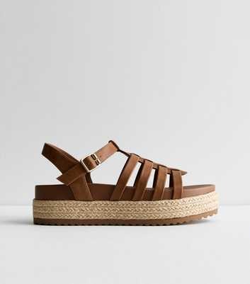 Tan Leather-Look Flatform Sandals