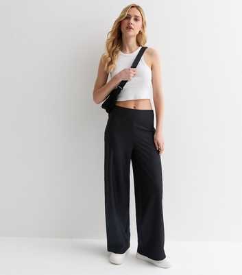 Black Ribbed Jersey Wide Leg Trousers