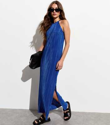 Bright Blue Plissé Halter Maxi Dress