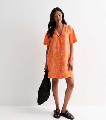 Orange Tropical Fruit Print Shirt Dress