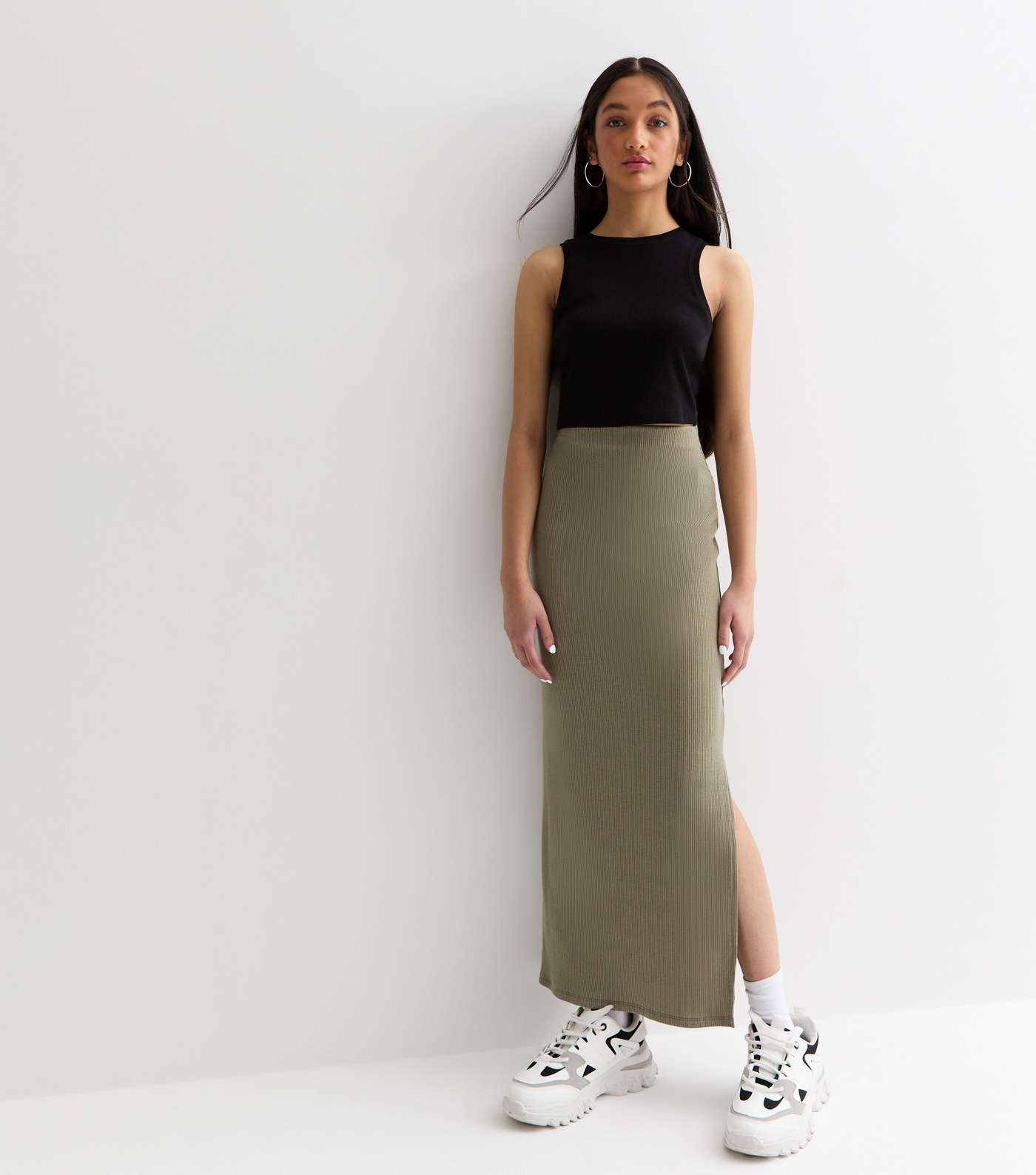 Girls Khaki Ribbed Split Hem Maxi Skirt Image 3