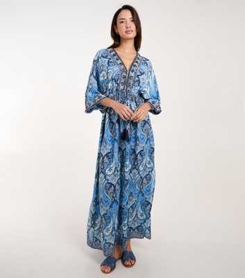 Blue Vanilla Blue Paisley Print Embroidered Kimono Maxi Dress