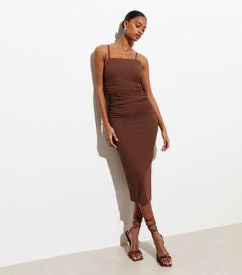 Dark Brown Ribbed Strappy Ruched Midi Dress
