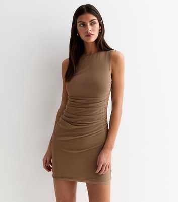 Brown Mesh Ruched Sleeveless Mini Dress