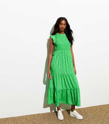 Green Shirred Polka Dot Ruffled Midi Dress 