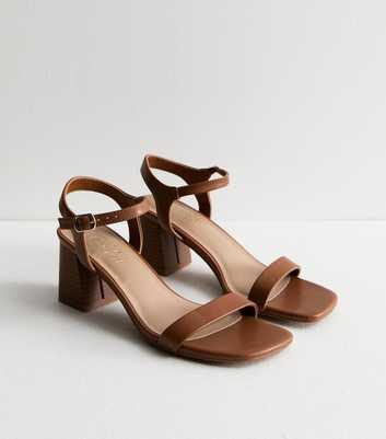 Brown Leather-Look Block Heel Sandals 
