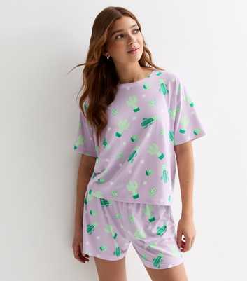 Girls Purple Pyjama Shorts Set with Cactus Print 