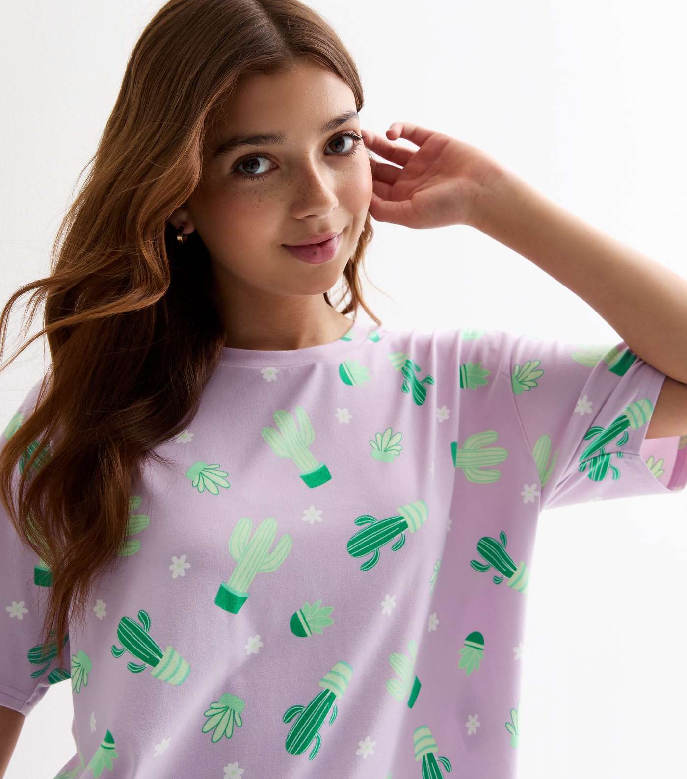 Girls Purple Pyjama Shorts Set with Cactus Print  Image 2