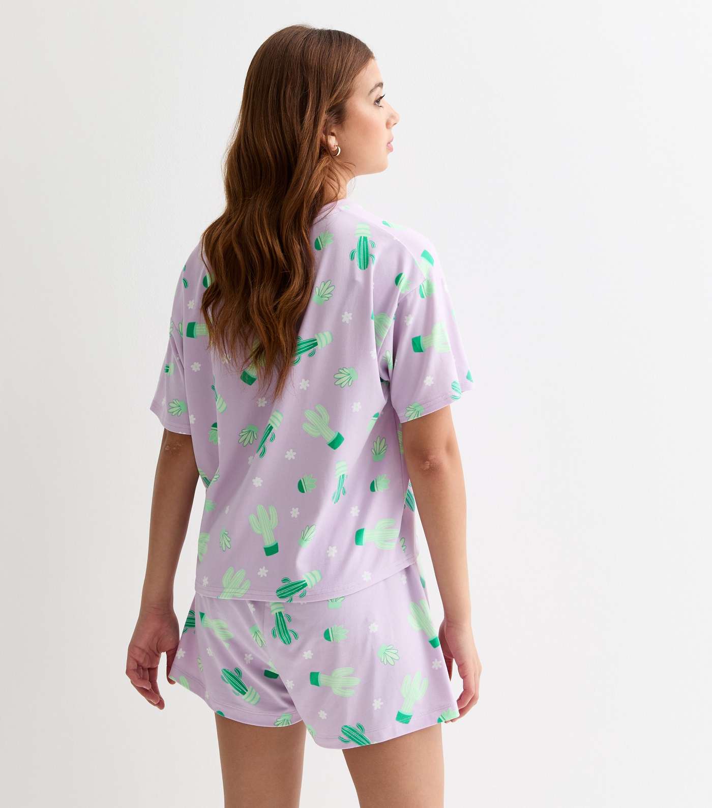 Girls Purple Pyjama Shorts Set with Cactus Print  Image 4