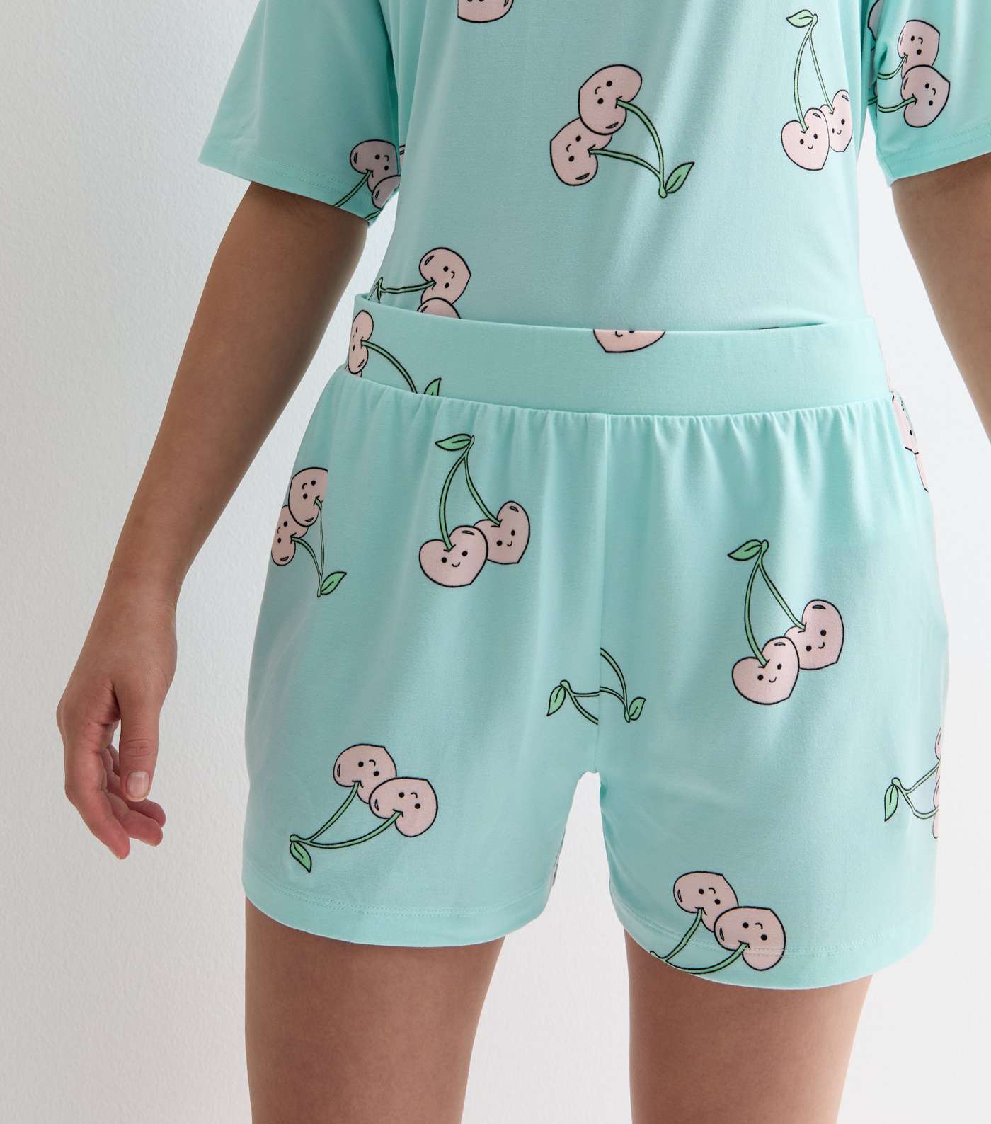 Girls Blue Soft Touch Short Pyjama Set with Cherry Heart Print Image 2