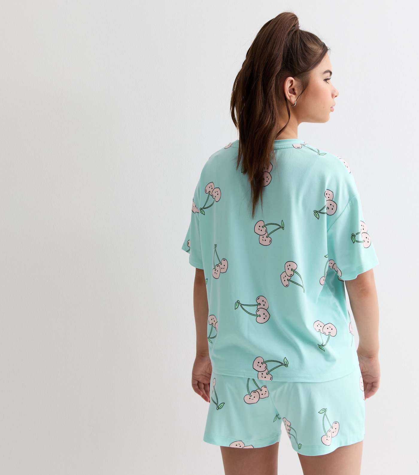 Girls Blue Soft Touch Short Pyjama Set with Cherry Heart Print Image 4