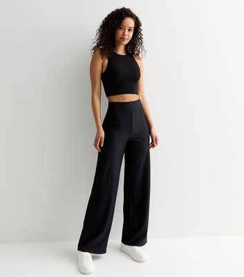 Tall Black Ribbed Wide Leg Trousers