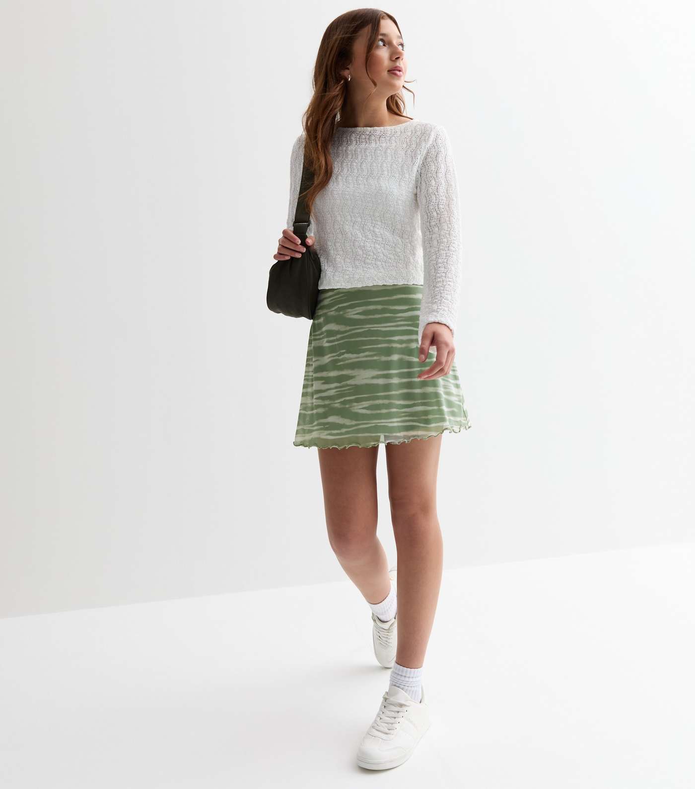 Girls Green Tie Dye Print Mesh Frill Hem Mini Skirt Image 3