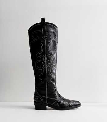 Public Desire Black Leather-Look Knee High Cowboy Boots
