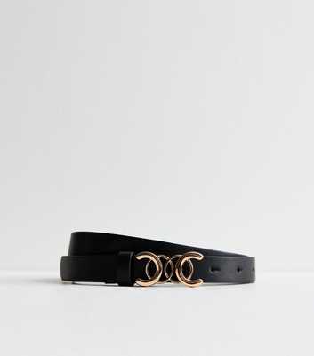 Black Leather-Look Circle Buckle Skinny Belt