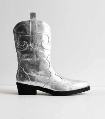 Public Desire Silver Leather-Look Cowboy Boots