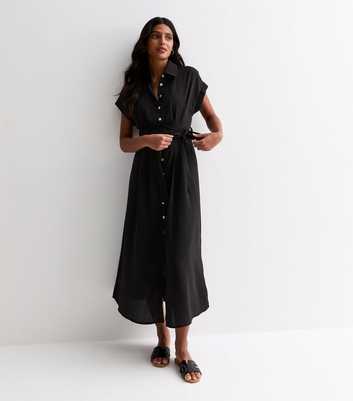 Black Belted Short Sleeve Midi Shirt Dress