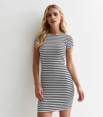 Petite White Stripe Ribbed Short Sleeve Mini Dress