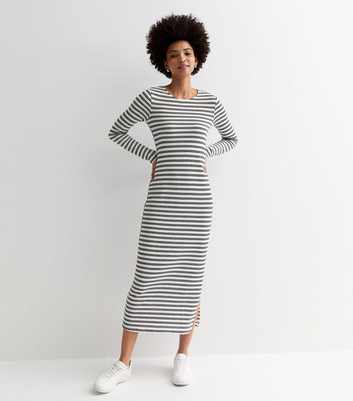 Tall White Stripe Fine Knit Split Hem Midi Dress