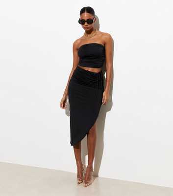 Black Ruched Split Hem Midi Skirt