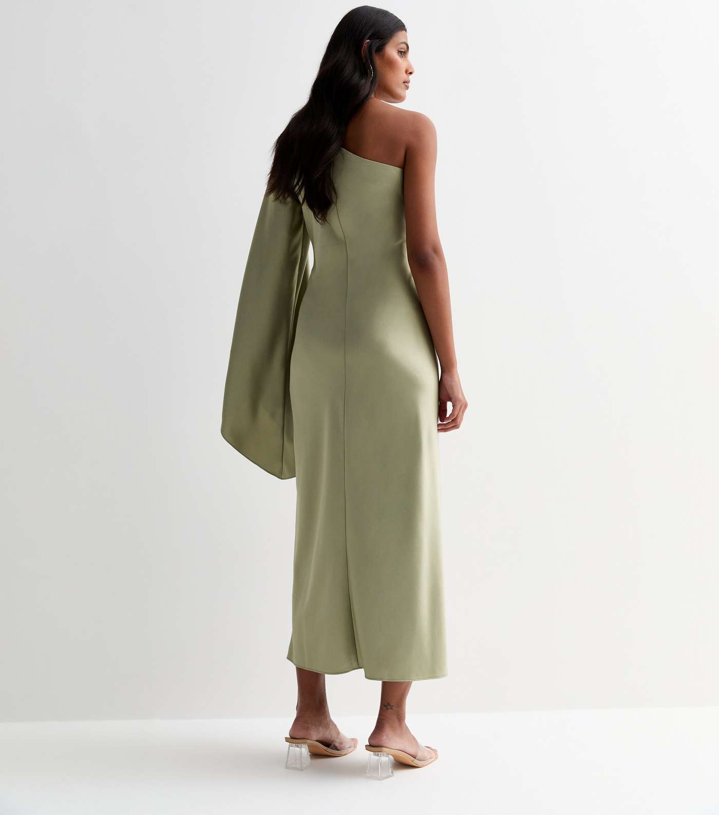 Olive Satin One Shoulder Maxi Dress Image 4