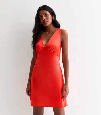 Coral Satin V Neck Sleeveless Mini Dress