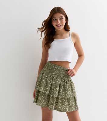 Girls Olive Ditsy Floral Tiered Mini Skirt