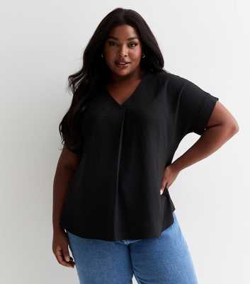 Curves Black Notched Short Sleeve Top