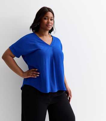 Curves Blue Notched Short Sleeve Top