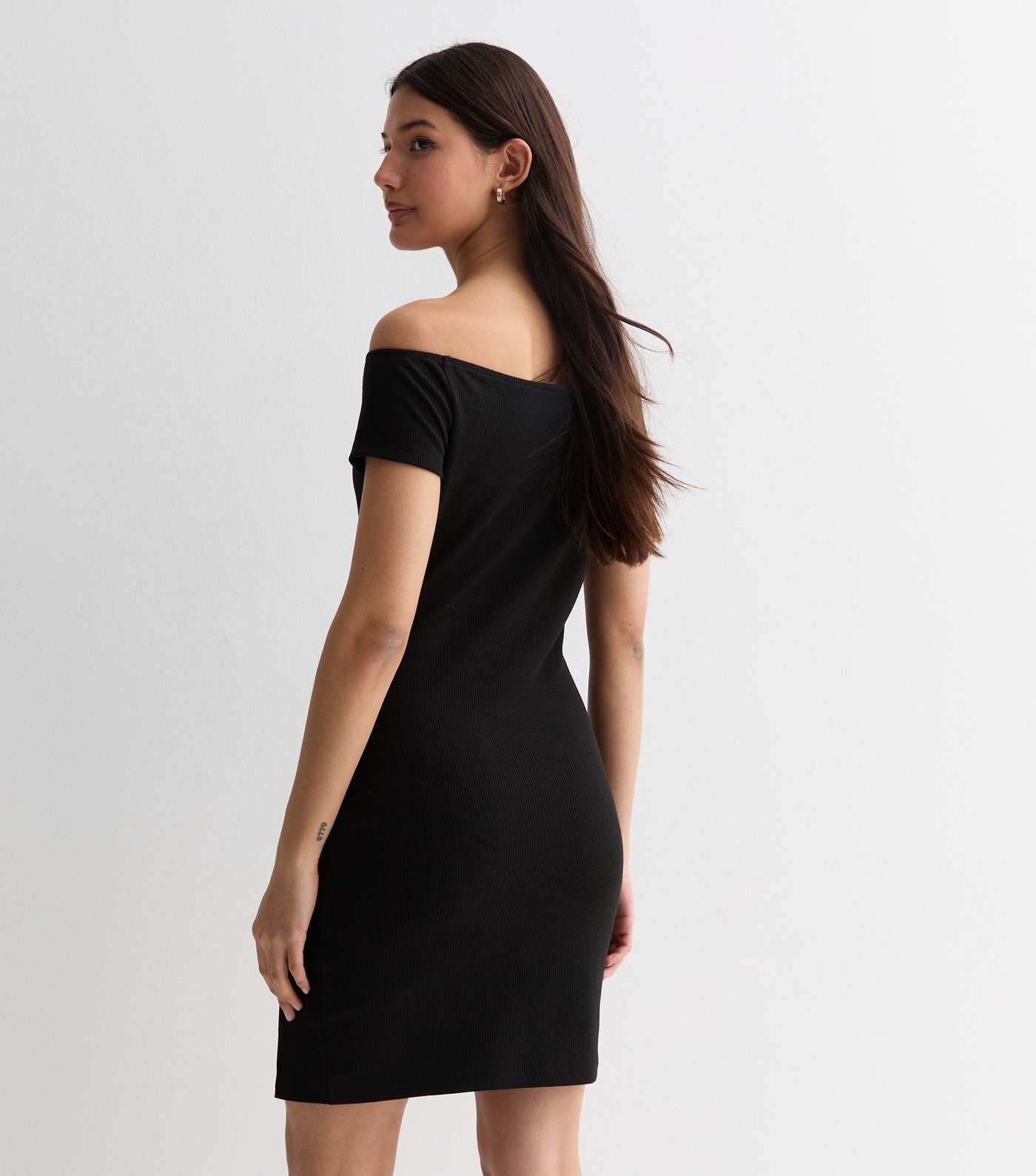 Black Ribbed Jersey Bardot Mini Dress Image 4