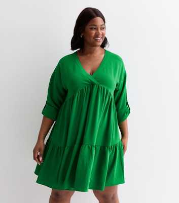 Curves Green V Neck Tiered Mini Smock Dress