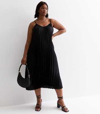 Curves Black Satin Pleated Strappy Midi Dress