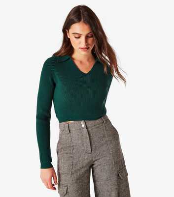 Apricot Green Ribbed Collared Crop Jumper