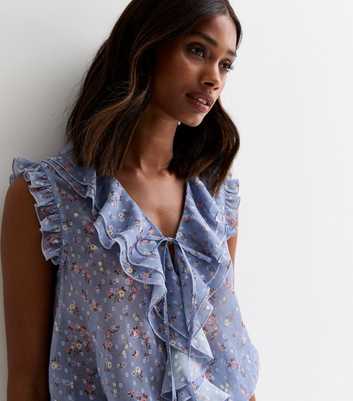 Blue Ditsy Floral Ruffle Front Top