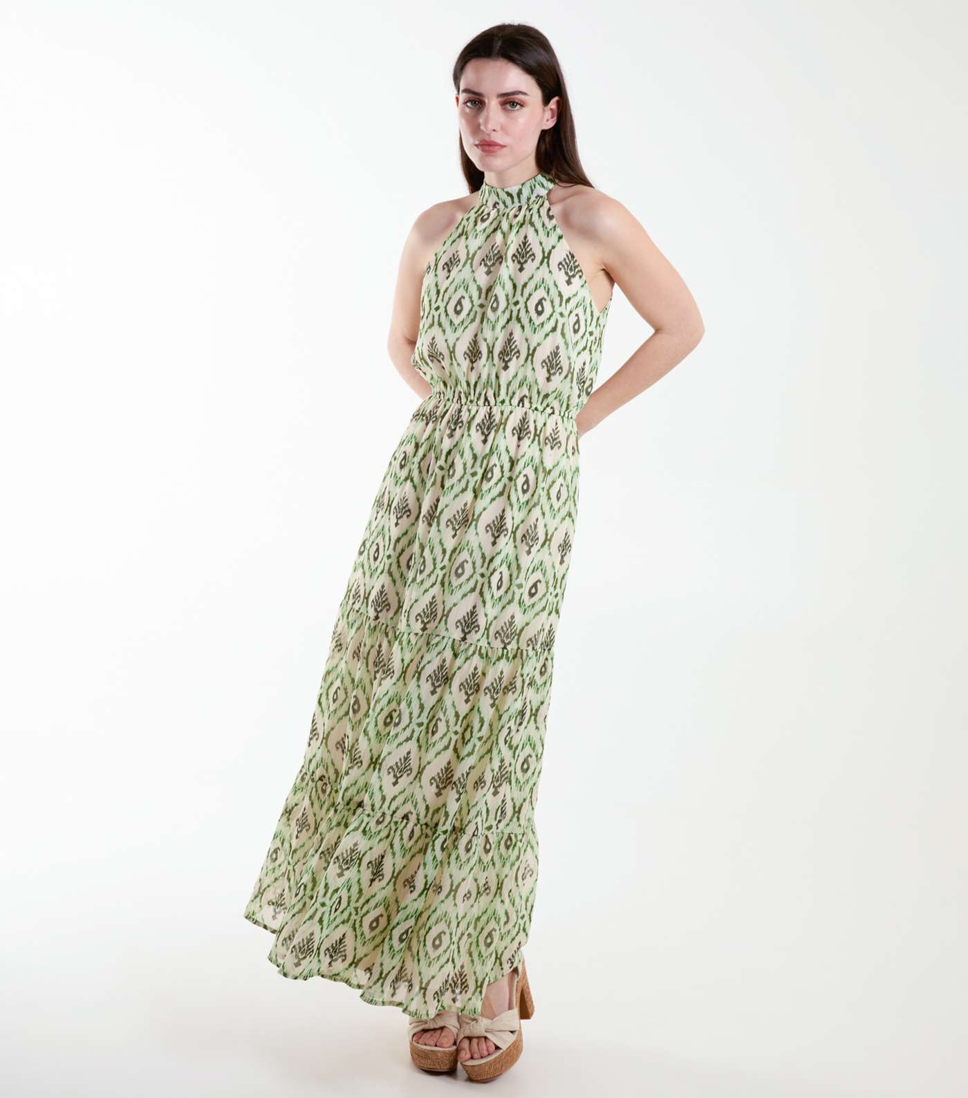 Blue Vanilla Green Aztec Print Halter Neck Midi Dress Image 2