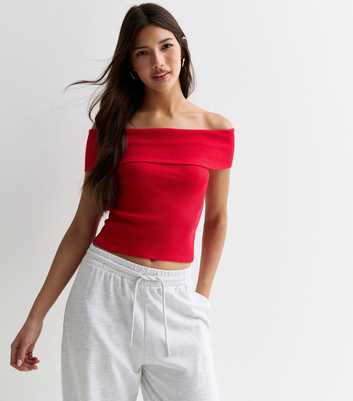 Red Ribbed Short Sleeve Bardot Top