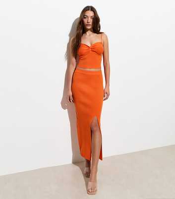 Orange Ribbed Knit Split Hem Midi Skirt